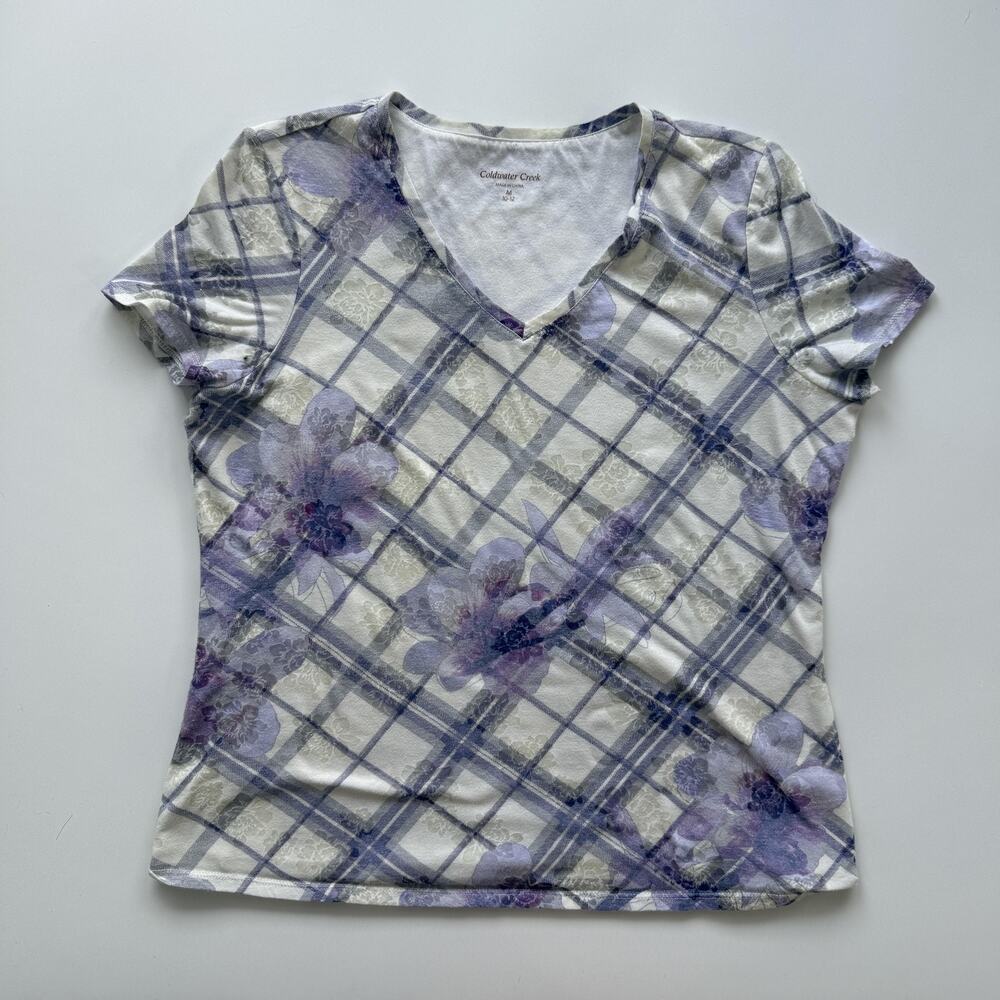 Coldwater Creek T Shirt Womens M Purple Floral Plaid V Neck Short Sleeve Top